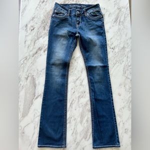 buffalo david bitton, dark wash low rise bootcut jeans: size 28, tall